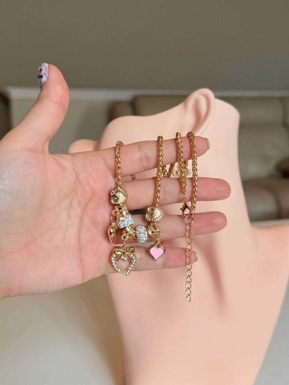 Gold Heart Charm Necklace with Pink Accent